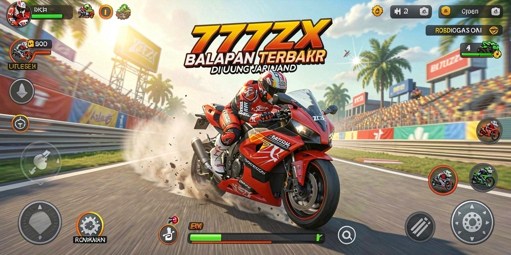 Tangkapan layar dari gameplay balapan motor yang intens.