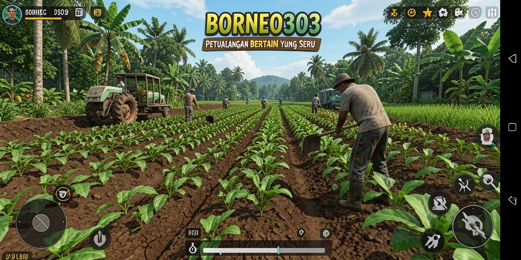 Screenshot gameplay <strong>BORNEO303</strong> menampilkan lahan pertanian yang hijau dan subur.