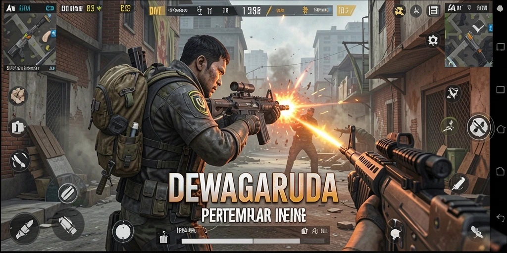 Tangkapan layar DEWAGARUDA menampilkan aksi tembak-menembak yang seru.