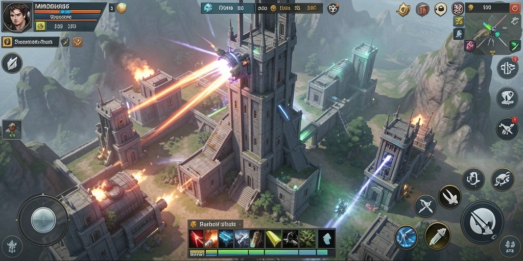 Tampilan gameplay DMD686 menampilkan menara dengan musuh yang mendekat.