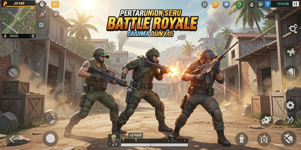 Screenshot menampilkan gameplay Battle Royale yang seru dan intens.