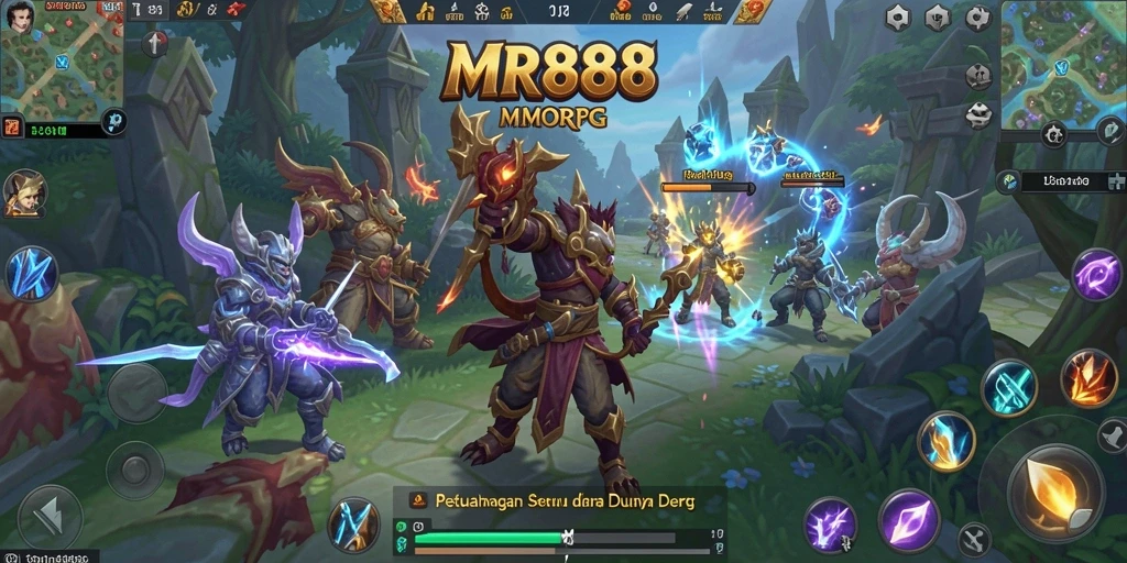 Screenshot utama MR888 menunjukkan aksi seru dalam pertarungan MMORPG.