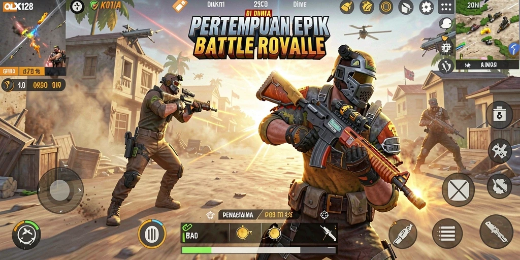 Screenshot OLX128 menampilkan aksi seru dalam pertempuran Battle Royale.
