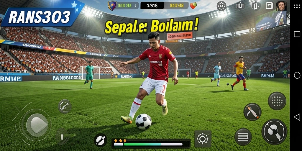Tangkapan layar gameplay RANS303 menampilkan aksi seru di lapangan sepak bola.