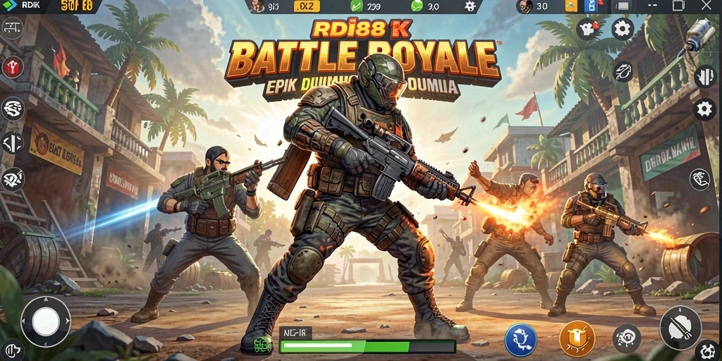 Tangkapan layar utama RDI88 menampilkan aksi pertempuran seru di medan tempur Battle Royale.