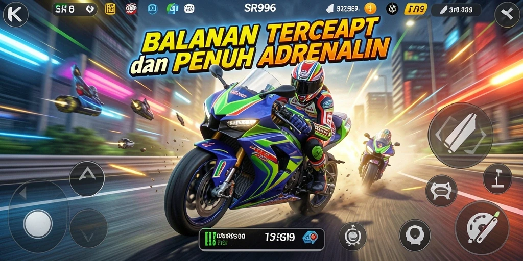 Screenshot SR996 menampilkan balapan motor yang seru dan grafis memukau.