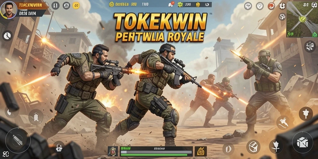 Tampilan permainan TOKEKWIN dengan pertempuran intens di arena Battle Royale.
